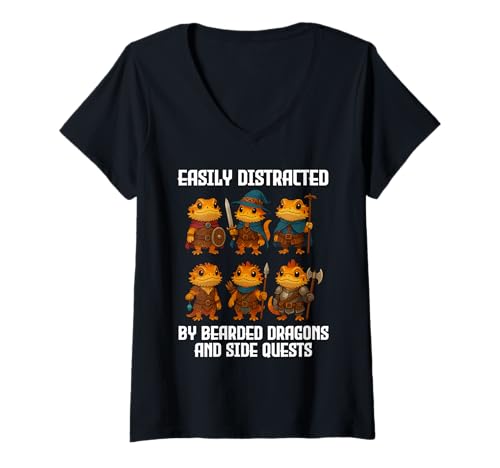 Damen Easily Distracted by Bearded Dragons and Side Quests Gamer T-Shirt mit V-Ausschnitt Damen Easily Distracted by Bearded Dragons and Side Quests Gamer T-Shirt mit V-Ausschnitt von Funny Bearded Dragons Gamer Side Quests Apparel