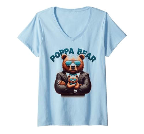 Damen Poppa Bär Lustige Bären Tierliebhaber Papa Vater T-Shirt mit V-Ausschnitt von Funny Bears Animal Lover Dad Father Daddy tee