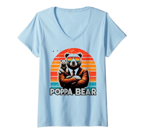 Damen Poppa Bär Lustige Bären Tierliebhaber Papa Vater T-Shirt mit V-Ausschnitt von Funny Bears Animal Lover Dad Father Daddy tee