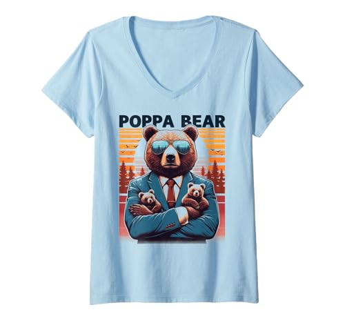 Damen Poppa Bär Lustige Bären Tierliebhaber Papa Vater T-Shirt mit V-Ausschnitt von Funny Bears Animal Lover Dad Father Daddy tee