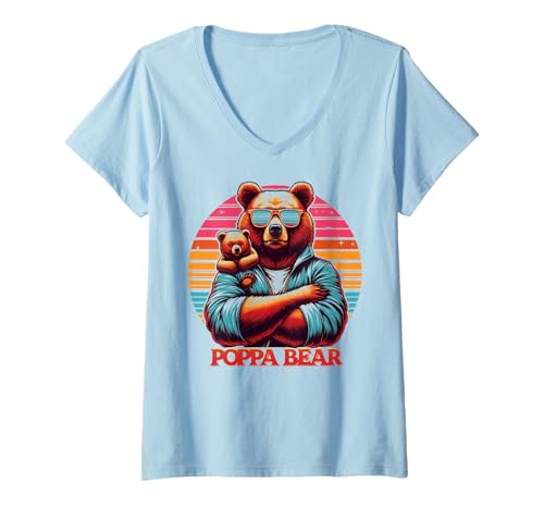 Damen Poppa Bär Lustige Bären Tierliebhaber Papa Vater T-Shirt mit V-Ausschnitt von Funny Bears Animal Lover Dad Father Daddy tee