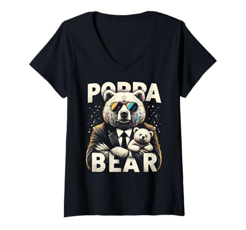 Damen Poppa Bär Lustige Bären Tierliebhaber Papa Vater T-Shirt mit V-Ausschnitt von Funny Bears Animal Lover Dad Father Daddy tee