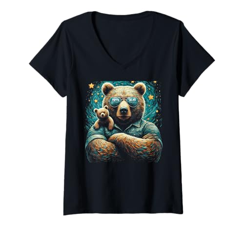 Damen Poppa Bär Lustige Bären Tierliebhaber Papa Vater T-Shirt mit V-Ausschnitt von Funny Bears Animal Lover Dad Father Daddy tee