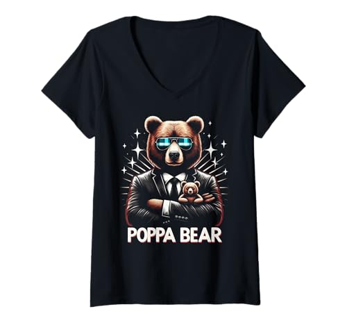 Damen Poppa Bär Lustige Bären Tierliebhaber Papa Vater T-Shirt mit V-Ausschnitt von Funny Bears Animal Lover Dad Father Daddy tee