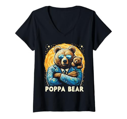Damen Poppa Bär Lustige Bären Tierliebhaber Papa Vater T-Shirt mit V-Ausschnitt von Funny Bears Animal Lover Dad Father Daddy tee