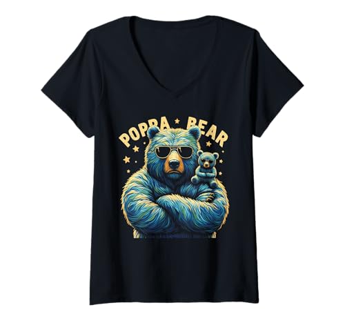 Damen Poppa Bär Lustige Bären Tierliebhaber Papa Vater T-Shirt mit V-Ausschnitt von Funny Bears Animal Lover Dad Father Daddy tee