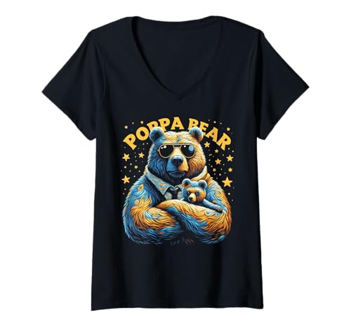 Damen Poppa Bär Lustige Bären Tierliebhaber Papa Vater T-Shirt mit V-Ausschnitt von Funny Bears Animal Lover Dad Father Daddy tee