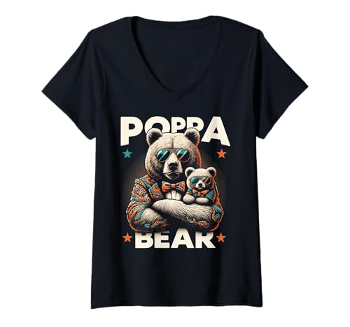 Damen Poppa Bär Lustige Bären Tierliebhaber Papa Vater T-Shirt mit V-Ausschnitt von Funny Bears Animal Lover Dad Father Daddy tee
