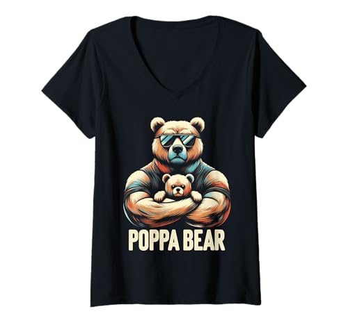 Damen Poppa Bär Lustige Bären Tierliebhaber Papa Vater T-Shirt mit V-Ausschnitt von Funny Bears Animal Lover Dad Father Daddy tee