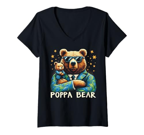 Damen Poppa Bär Lustige Bären Tierliebhaber Papa Vater T-Shirt mit V-Ausschnitt von Funny Bears Animal Lover Dad Father Daddy tee