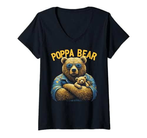 Damen Poppa Bär Lustige Bären Tierliebhaber Papa Vater T-Shirt mit V-Ausschnitt von Funny Bears Animal Lover Dad Father Daddy tee