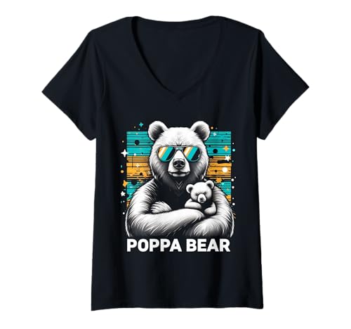 Damen Poppa Bär Lustige Bären Tierliebhaber Papa Vater T-Shirt mit V-Ausschnitt von Funny Bears Animal Lover Dad Father Daddy tee