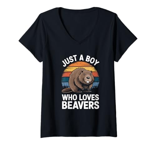Damen Just a Boy Who Loves Beavers Retro Kinder Jungen Biber T-Shirt mit V-Ausschnitt Damen Just a Boy Who Loves Beavers Retro Kinder Jungen Biber T-Shirt mit V-Ausschnitt von Funny Beaver Lover Apparel for Men Women
