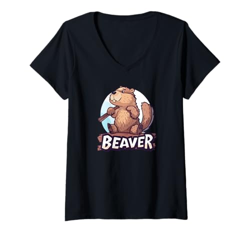 Damen Biber Maskottchen Kostüm für lustige Biber Jungen und Mädchen T-Shirt mit V-Ausschnitt Damen Biber Maskottchen Kostüm für lustige Biber Jungen und Mädchen T-Shirt mit V-Ausschnitt von Funny Beaver