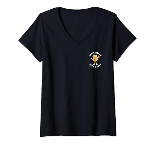 Damen Don't Worry Beer Happy Shirt Retro Cartoon Bierkrug Party T-Shirt mit V-Ausschnitt von Funny Beer Lover Quote T-Shirts For Men & Women
