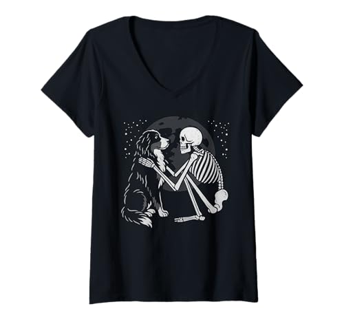 Damen Berner Sennenhund Skelett Mond Halloween Hundeliebhaber T-Shirt mit V-Ausschnitt von Funny Berner Gothic Dog Designs