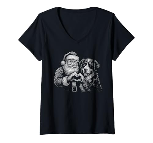 Damen Berner Sennenhund Weihnachtsmann Herzform Weihnachtshund T-Shirt mit V-Ausschnitt Damen Berner Sennenhund Weihnachtsmann Herzform Weihnachtshund T-Shirt mit V-Ausschnitt von Funny Berner Holiday Dog Designs