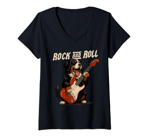 Damen Berner Sennenhund spielt Gitarre Rock and Roll Hundeliebhaber T-Shirt mit V-Ausschnitt Damen Berner Sennenhund spielt Gitarre Rock and Roll Hundeliebhaber T-Shirt mit V-Ausschnitt von Funny Berner Rock Music Dog Designs
