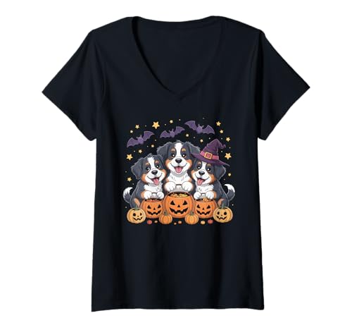 Damen Lustiger gruseliger Hundeliebhaber Geist niedlich Berner Berg Halloween T-Shirt mit V-Ausschnitt Damen Lustiger gruseliger Hundeliebhaber Geist niedlich Berner Berg Halloween T-Shirt mit V-Ausschnitt von Funny Bernese Mountain Halloween Costume Gifts