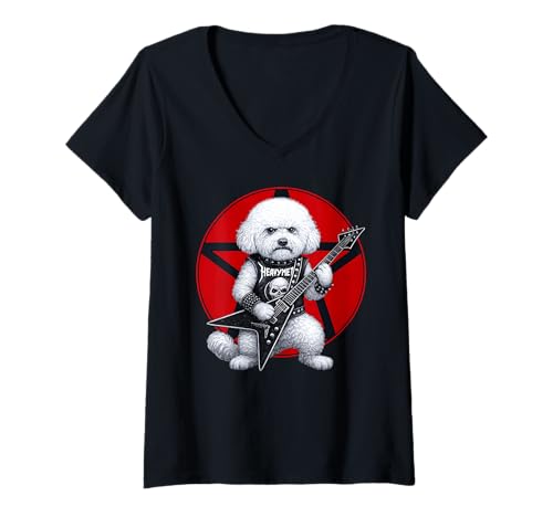 Damen Bichon Frise Heavy Metal-Gitarre, Rock, Hundeliebhaber T-Shirt mit V-Ausschnitt Damen Bichon Frise Heavy Metal-Gitarre, Rock, Hundeliebhaber T-Shirt mit V-Ausschnitt von Funny Bichon Death Metal Music Dog Designs