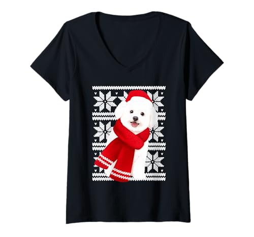 Damen Bichon Frisé Hässlicher Weihnachtsfeiertag Hundeliebhaber T-Shirt mit V-Ausschnitt Damen Bichon Frisé Hässlicher Weihnachtsfeiertag Hundeliebhaber T-Shirt mit V-Ausschnitt von Funny Bichon Festive Dog Designs