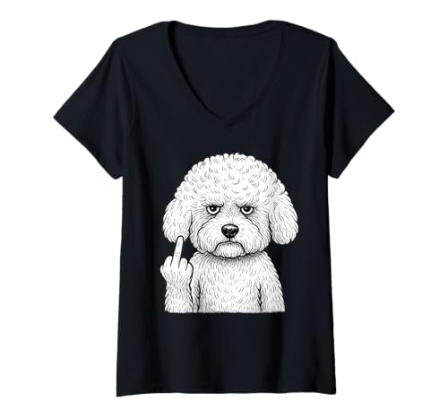 Damen Bichon Frisé, Mittelfinger, sarkastischer Hundeliebhaber T-Shirt mit V-Ausschnitt Damen Bichon Frisé, Mittelfinger, sarkastischer Hundeliebhaber T-Shirt mit V-Ausschnitt von Funny Bichon Flipping Off Dog Designs