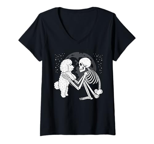 Damen Bichon Frisé Skelett Mond Halloween Hundeliebhaber T-Shirt mit V-Ausschnitt von Funny Bichon Gothic Dog Designs