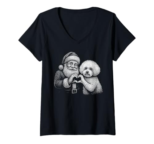 Damen Bichon Frisé Weihnachtsmann in Herzform für Hundeliebhaber T-Shirt mit V-Ausschnitt Damen Bichon Frisé Weihnachtsmann in Herzform für Hundeliebhaber T-Shirt mit V-Ausschnitt von Funny Bichon Holiday Dog Designs