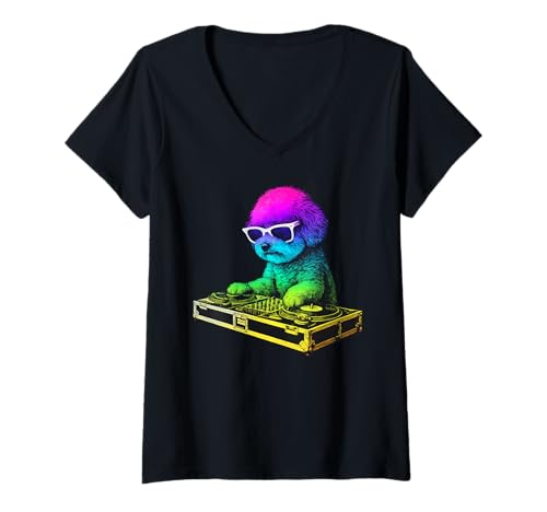 Damen Bichon Frise DJ Musik Party Hundeliebhaber T-Shirt mit V-Ausschnitt von Funny Bichon House Music Dog Designs