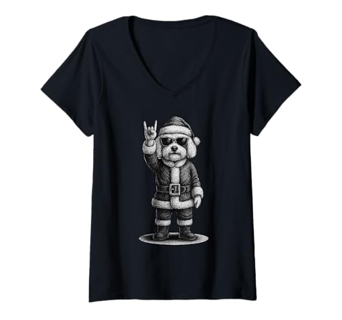 Damen Bichon Frise Hundeliebhaber mit Rockmusik, Weihnachten T-Shirt mit V-Ausschnitt Damen Bichon Frise Hundeliebhaber mit Rockmusik, Weihnachten T-Shirt mit V-Ausschnitt von Funny Bichon Rock And Roll Dog Designs