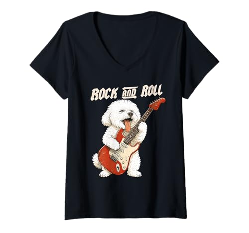 Damen Bichon Frisé spielt Gitarre Rock and Roll Hundeliebhaber T-Shirt mit V-Ausschnitt Damen Bichon Frisé spielt Gitarre Rock and Roll Hundeliebhaber T-Shirt mit V-Ausschnitt von Funny Bichon Rock Music Dog Designs