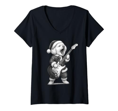 Damen Bichon Frisé spielt Gitarre Weihnachten Hundeliebhaber T-Shirt mit V-Ausschnitt Damen Bichon Frisé spielt Gitarre Weihnachten Hundeliebhaber T-Shirt mit V-Ausschnitt von Funny Bichon Rock Music Dog Designs