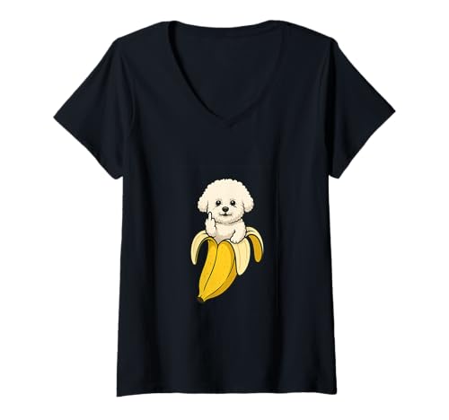 Damen Lustiger Hund in Einer Banane süßer Bichon-Finger T-Shirt mit V-Ausschnitt Damen Lustiger Hund in Einer Banane süßer Bichon-Finger T-Shirt mit V-Ausschnitt von Funny Bichon Tees