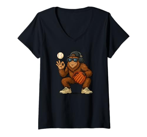 Damen Bigfood Baseball Lustiger Fänger Bigfood Hip Hop Bigfood T-Shirt mit V-Ausschnitt Damen Bigfood Baseball Lustiger Fänger Bigfood Hip Hop Bigfood T-Shirt mit V-Ausschnitt von Funny Bigfood Baseball Tee Baseball Player Kid Boy