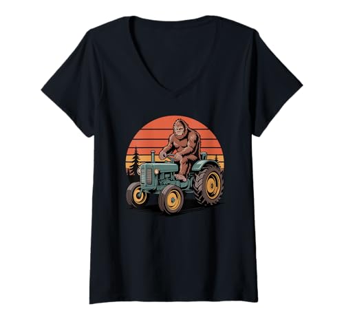 Damen Bigfoot Reittraktor Retro Sonnenuntergang T-Shirt mit V-Ausschnitt von Funny Bigfoot/Sasquatch Farmer by NLTS