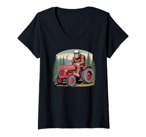 Damen Lustiger Bigfoot Farmer fährt Traktor im Wald T-Shirt mit V-Ausschnitt Damen Lustiger Bigfoot Farmer fährt Traktor im Wald T-Shirt mit V-Ausschnitt von Funny Bigfoot/Sasquatch Farmer by NLTS