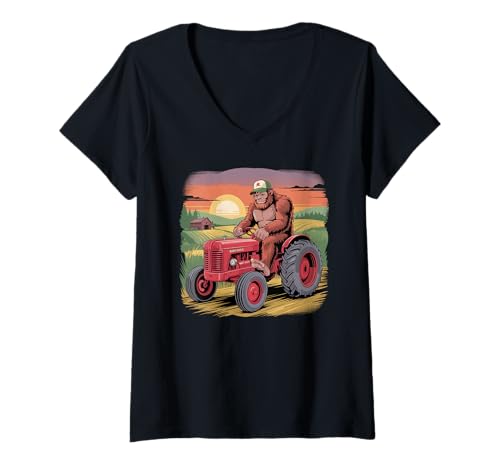 Damen Lustiger Bigfoot Farmer fährt Traktor im Wald T-Shirt mit V-Ausschnitt Damen Lustiger Bigfoot Farmer fährt Traktor im Wald T-Shirt mit V-Ausschnitt von Funny Bigfoot/Sasquatch Farmer by NLTS