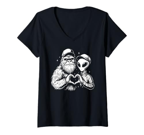 Damen Bigfoot & Alien Machen Herzhände lustige kryptische Freundschaft T-Shirt mit V-Ausschnitt von Funny Bigfoot Alien Believers & Sasquatch Apparel