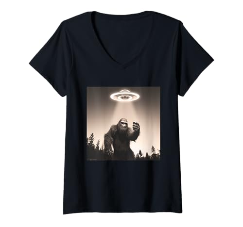 Damen Bigfoot im Selfie-Modus mit UFOs lustig seltsam T-Shirt mit V-Ausschnitt von Funny Bigfoot Alien Selfie Team