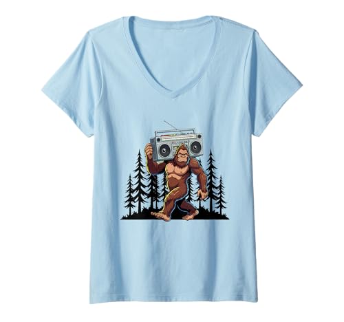 Damen Retro Boombox Bigfoot Lustige Cryptid Forest Musik T-Shirt mit V-Ausschnitt von Funny Bigfoot Boombox Music Forest Cryptid Retro