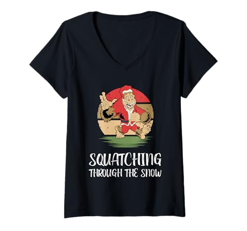 Damen Lustiger Bigfoot-Weihnachtsmann hockt Sich durch den Schnee T-Shirt mit V-Ausschnitt Damen Lustiger Bigfoot-Weihnachtsmann hockt Sich durch den Schnee T-Shirt mit V-Ausschnitt von Funny Bigfoot Christmas Humor