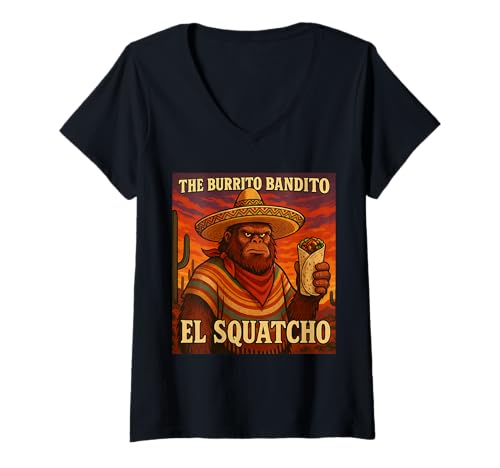 Damen Das Burrito Bandito EL Squatcho Fiesta-Themenkunstwerk T-Shirt mit V-Ausschnitt von Funny Bigfoot Enthusiast Sasquatch Lovers Believer