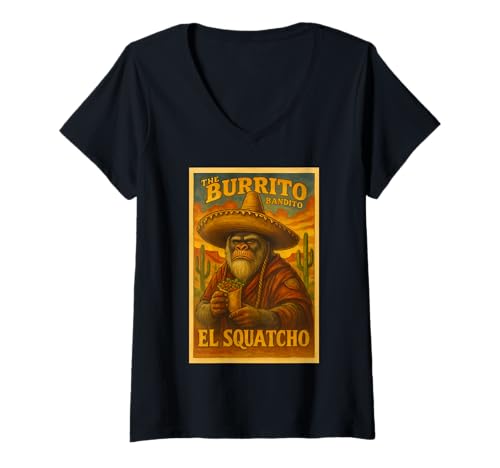 Damen Der Burrito Bandito EL Squatcho Burrito Loving Sasquatch T-Shirt mit V-Ausschnitt von Funny Bigfoot Enthusiast Sasquatch Lovers Believer