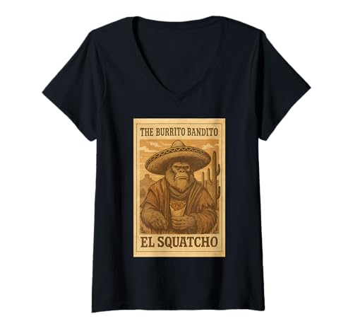 Damen Die lustige Kryptid-Grafik von Burrito Bandito EL Squatcho T-Shirt mit V-Ausschnitt von Funny Bigfoot Enthusiast Sasquatch Lovers Believer