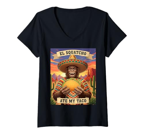 Damen EL Squatcho Ate My Taco Lustige Sasquatch-Illustration T-Shirt mit V-Ausschnitt Damen EL Squatcho Ate My Taco Lustige Sasquatch-Illustration T-Shirt mit V-Ausschnitt von Funny Bigfoot Enthusiast Sasquatch Lovers Believer