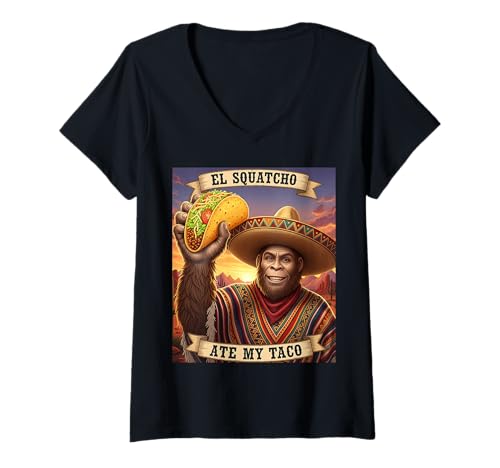 Damen EL Squatcho Ate My Taco Lustiges Bigfoot Design T-Shirt mit V-Ausschnitt von Funny Bigfoot Enthusiast Sasquatch Lovers Believer
