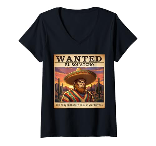 Damen Gesucht EL Squatcho Burrito Bandit Lustiger Bigfoot T-Shirt mit V-Ausschnitt von Funny Bigfoot Enthusiast Sasquatch Lovers Believer