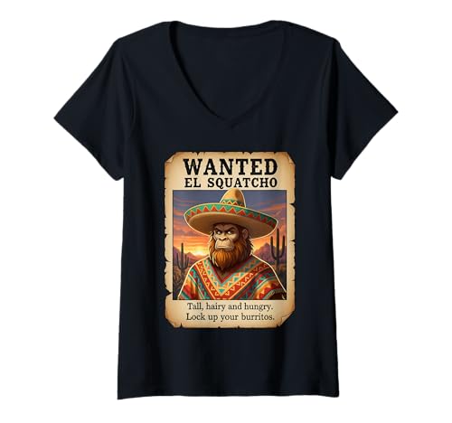 Damen Gesucht EL Squatcho Taco-liebender Bigfoot Lustiger Sasquatch T-Shirt mit V-Ausschnitt von Funny Bigfoot Enthusiast Sasquatch Lovers Believer
