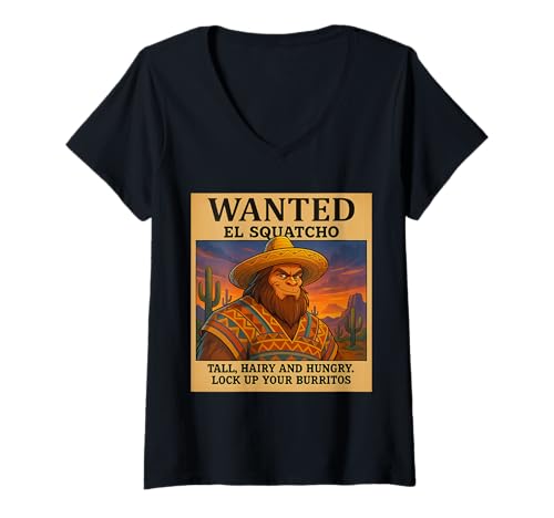 Damen Gesucht EL Squatcho Wild West Sasquatch Lustiger Bigfoot T-Shirt mit V-Ausschnitt von Funny Bigfoot Enthusiast Sasquatch Lovers Believer