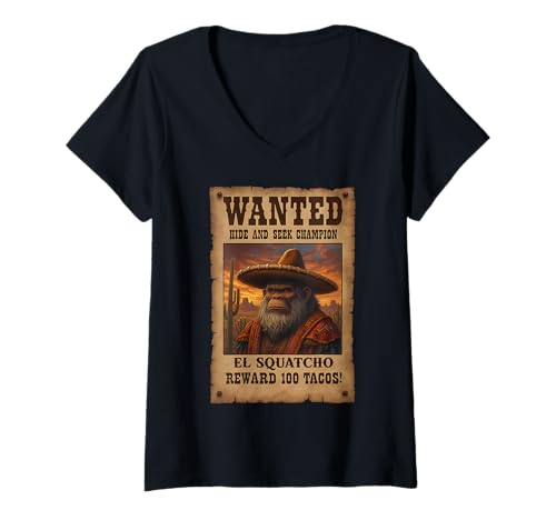 Damen Gesucht: Lustige Taco-Liebhaber von EL Squatcho Southwest Cryptid T-Shirt mit V-Ausschnitt von Funny Bigfoot Enthusiast Sasquatch Lovers Believer